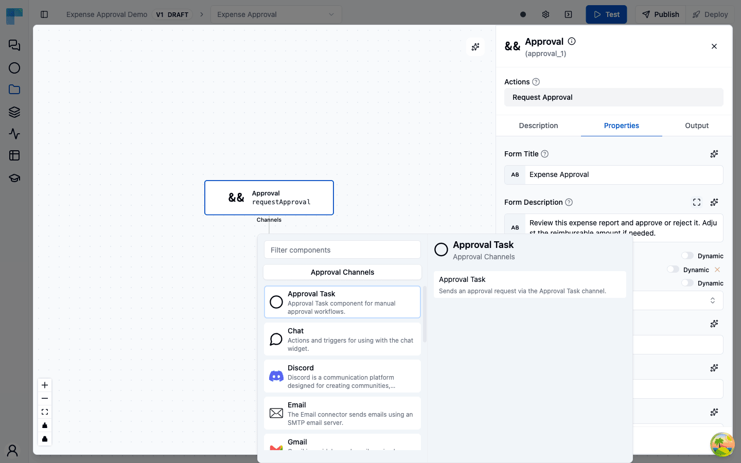 The approval channels picker attached to an approval step, showing Approval Task, Chat, Discord, Email, and Gmail channels