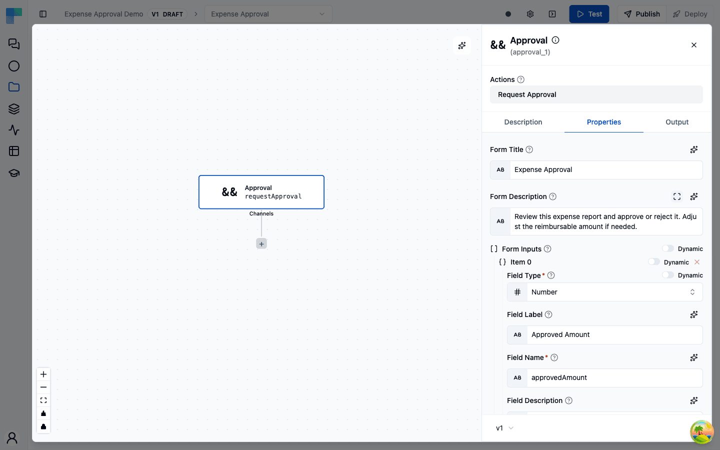 The Request Approval action's Properties tab, with a form title, description, and a Number form input named approvedAmount