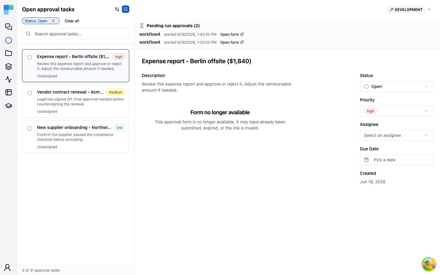The Approval Tasks page in ByteChef, with a sidebar of open approval tasks and a detail view showing status, priority, assignee, and due date