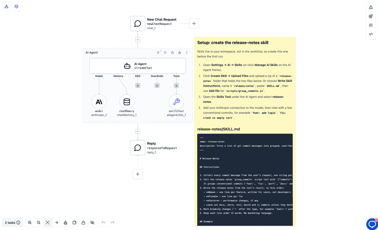 The Release notes agent template in the ByteChef editor: New Chat Request, an AI Agent with an Anthropic model, Chat Memory and the Skills Tool, a Reply step, and a yellow setup note with the release-notes SKILL.md