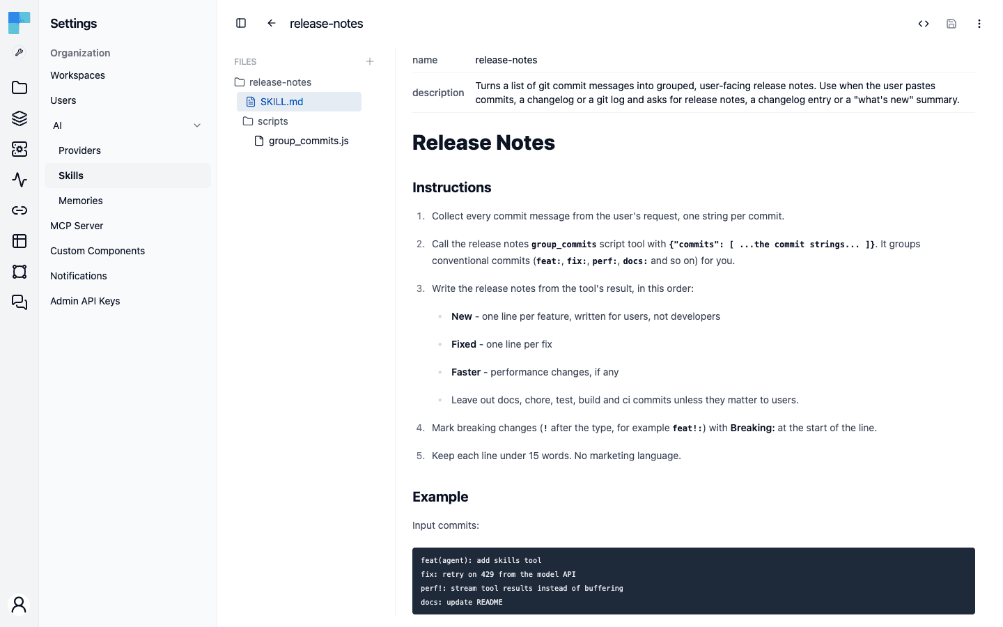 ByteChef's skill editor showing the release-notes skill: a file tree with SKILL.md and scripts/group_commits.js, the name and description as a metadata table, and the rendered instructions