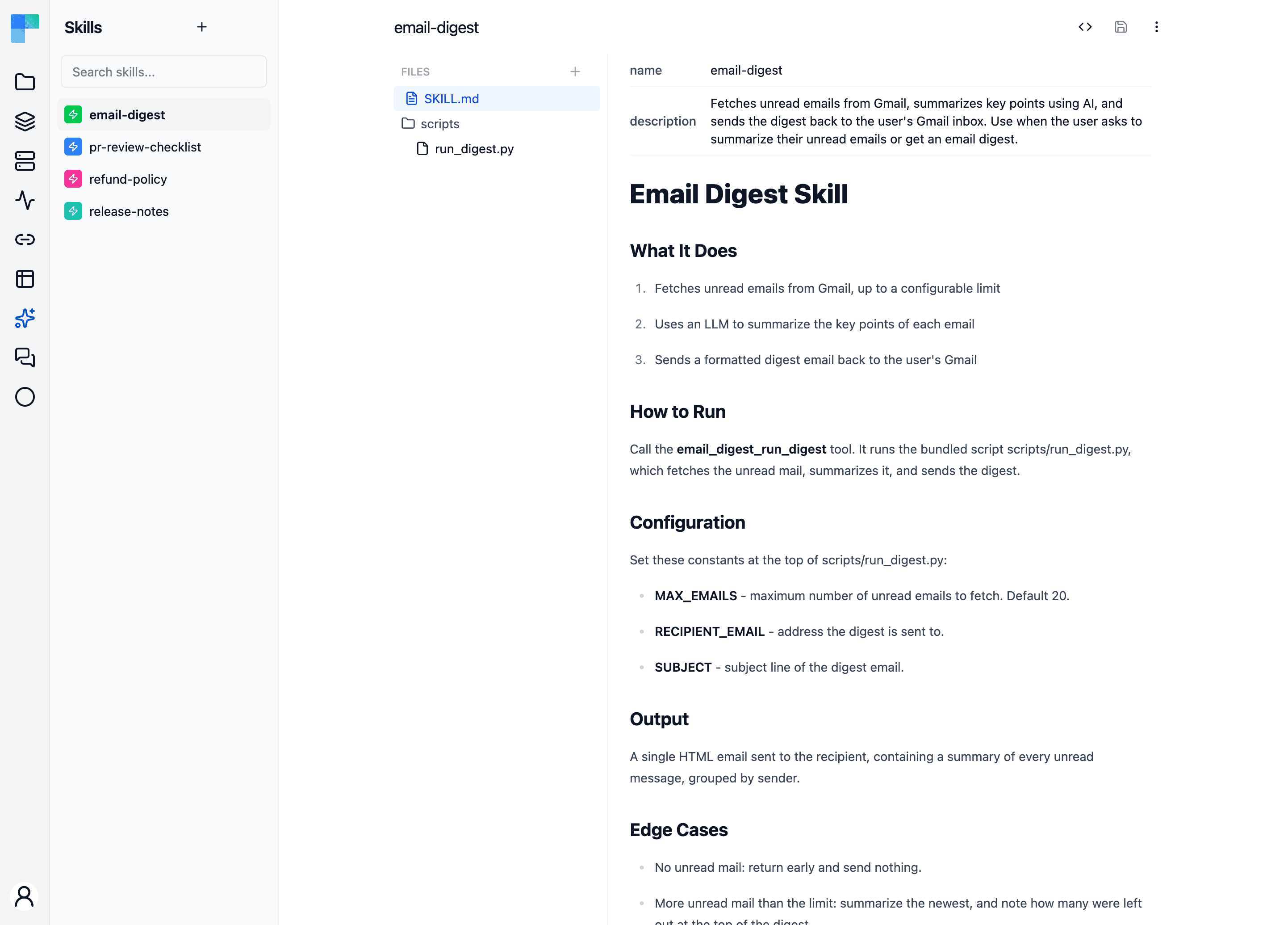 ByteChef's skill editor showing the email-digest skill: file tree with SKILL.md and scripts, frontmatter metadata, and rendered Markdown instructions