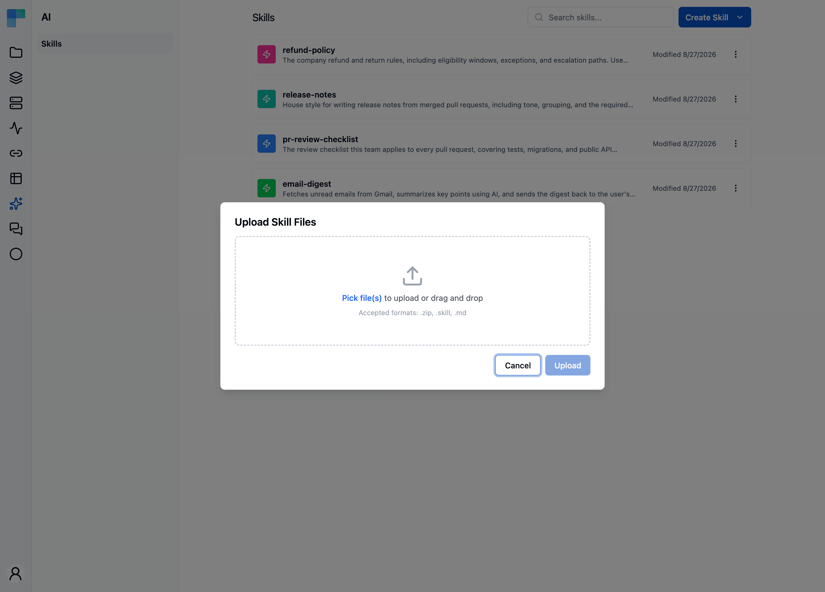The Skills area in ByteChef listing skills with descriptions, plus the Upload Skill Files dialog accepting .zip, .skill, and .md files