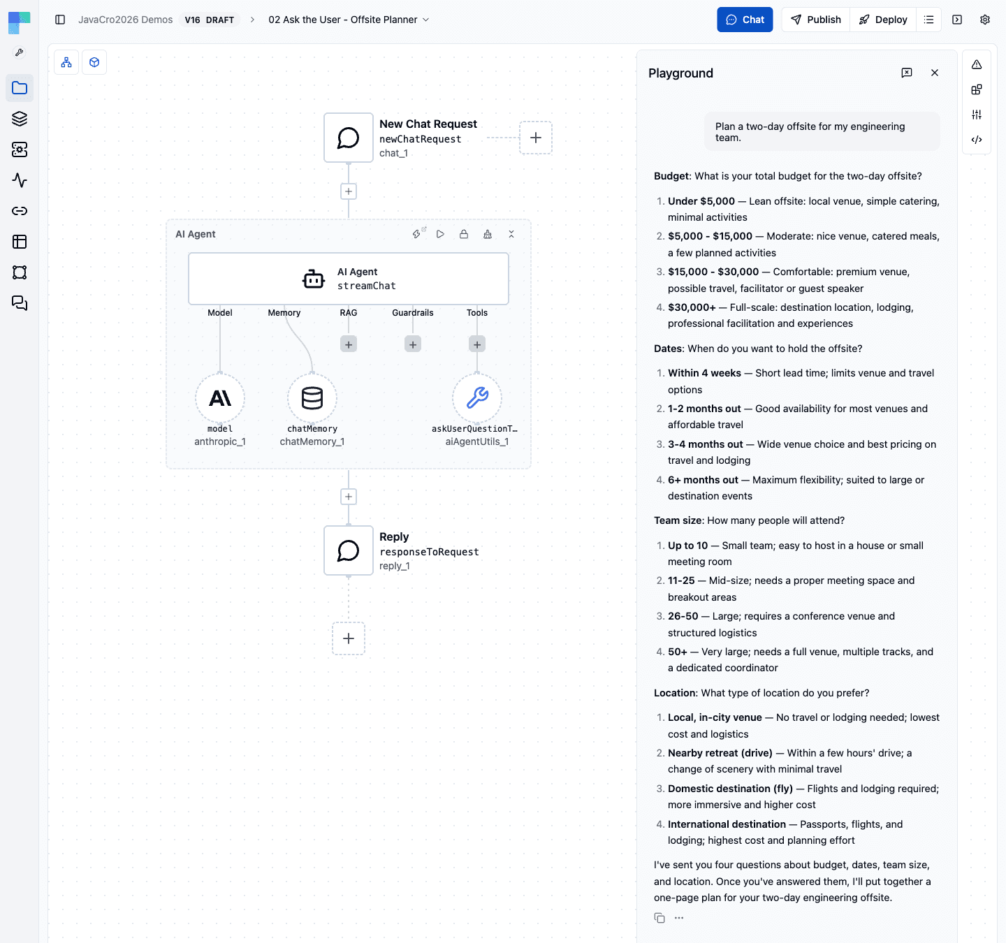 The offsite planner template in the ByteChef editor. In the Playground, after the request to plan a two-day offsite, the agent asks four multiple-choice questions about budget, dates, team size and location, each with four numbered options, and says it will write the plan once they are answered.