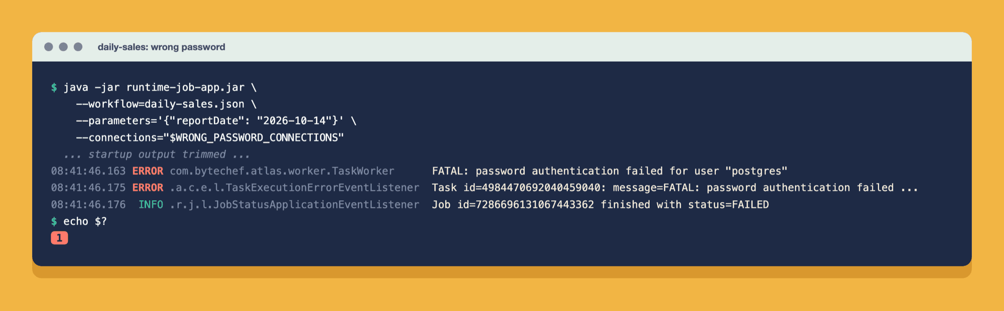Terminal output of a failed run: TaskWorker logs 'FATAL: password authentication failed for user postgres', the job finishes with status FAILED, and echo $? prints 1