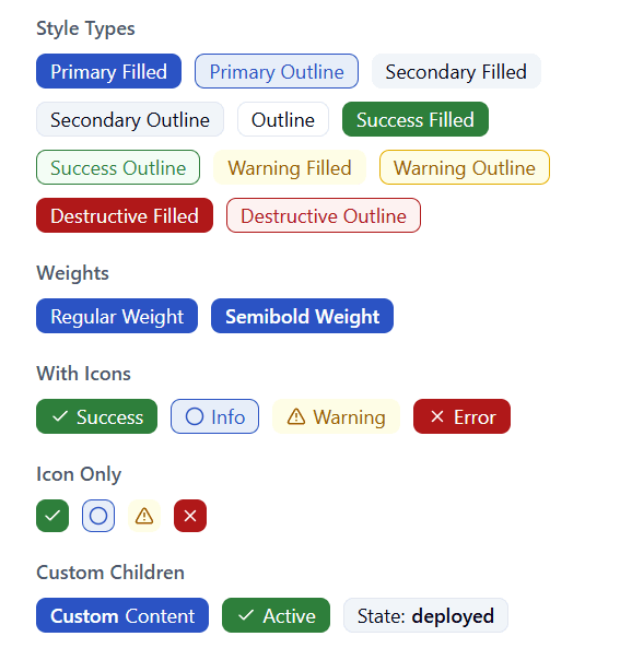 ByteChef Badge component - various style types, weights and icon combinations