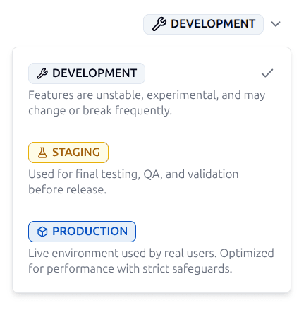 ByteChef environment badges showing various status and deployment states