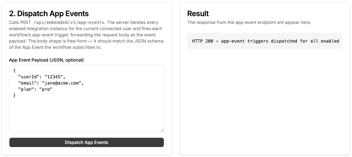 App Event Playground Dispatch card with a userId, email and plan payload and an HTTP 200 result