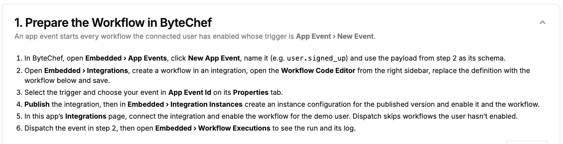 Sample app App Event Playground showing its six-step Prepare the Workflow in ByteChef checklist