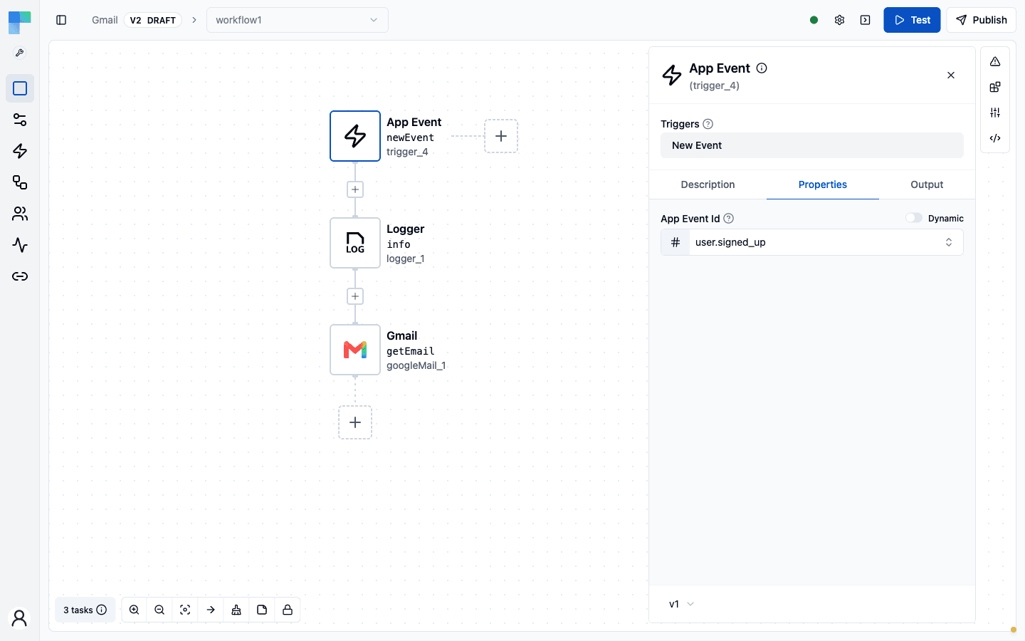 Workflow editor with the App Event trigger selected and an event chosen in the App Event Id property