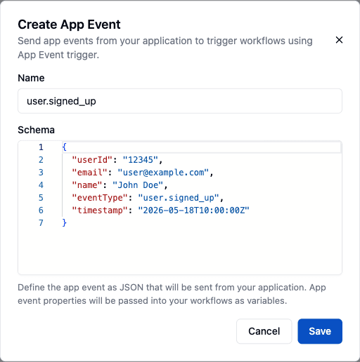 Create App Event dialog with a name and a sample JSON schema