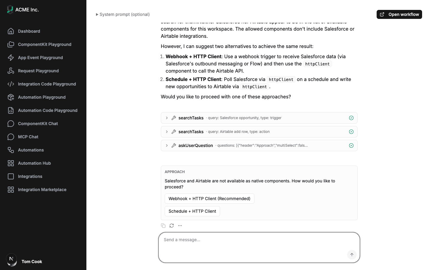 Embedded chat asked to add an Airtable row for each new Salesforce opportunity: the agent explains Salesforce and Airtable aren't among the available components, suggests a webhook or a schedule with the HTTP client instead, and waits on a question card asking which approach to take