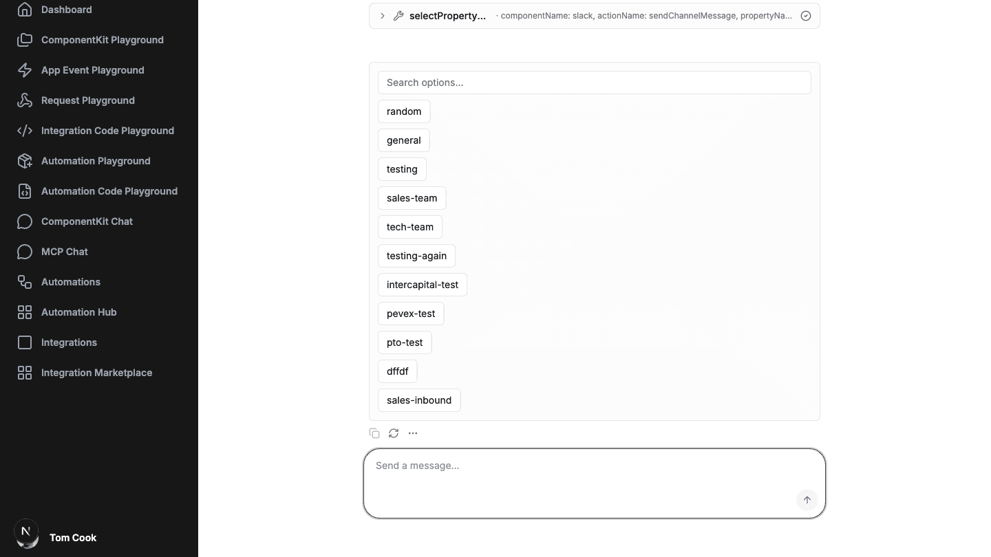 Embedded chat stopped at a searchable Slack channel picker listing random, general, testing, sales-team and more, under the selectPropertyOption tool card that produced it