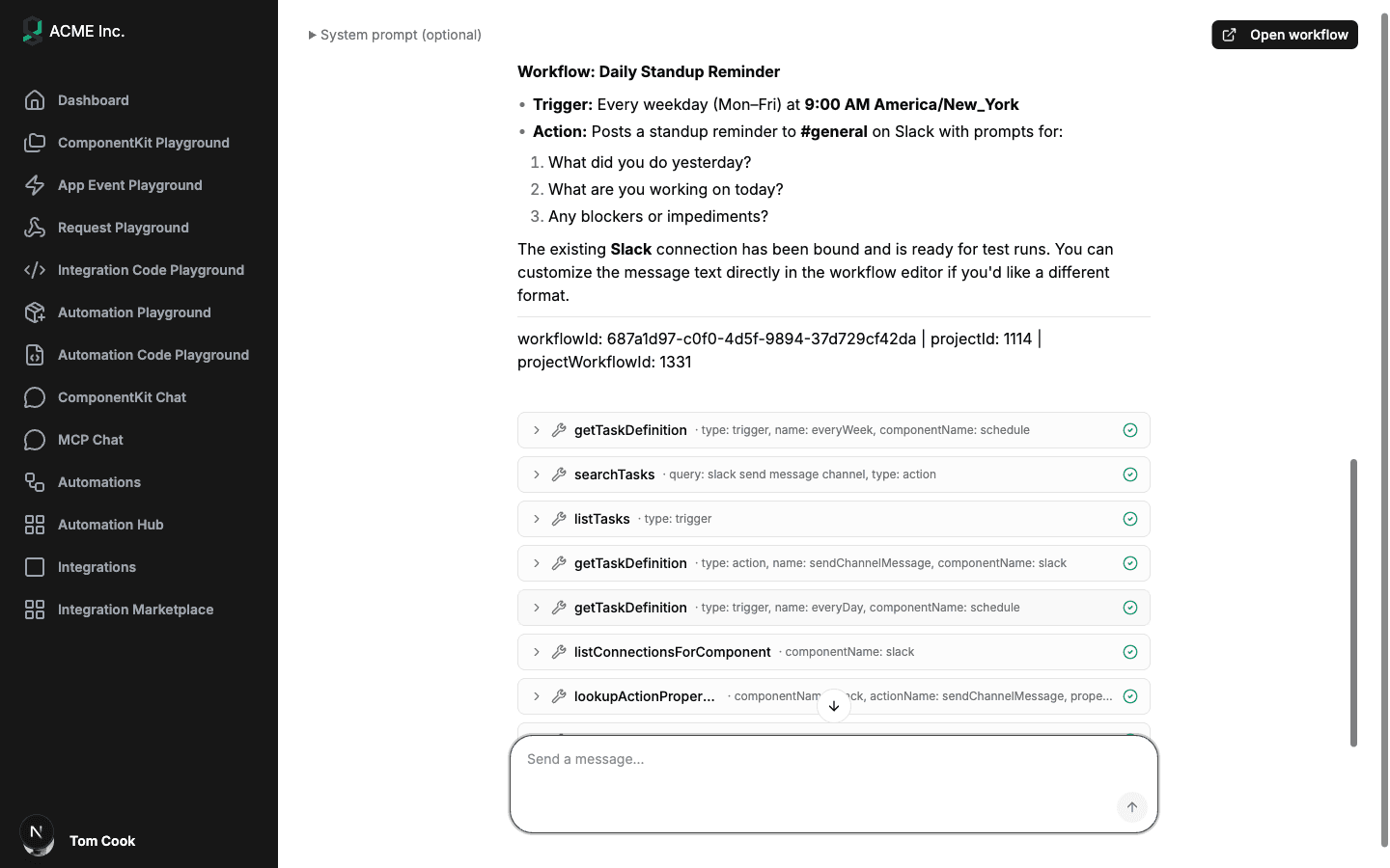 Embedded chat summary of the finished workflow: Daily Standup Reminder, triggered every weekday at 9:00 AM America/New_York, posting to #general on Slack, with the existing Slack connection bound for test runs, followed by the run's tool cards