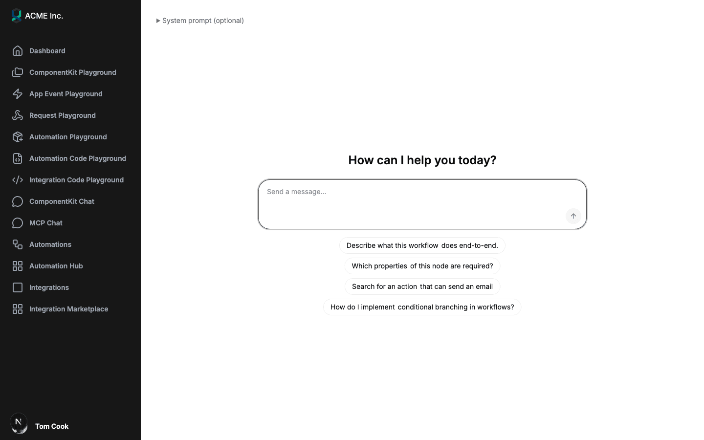 Sample app New from Chat page showing a collapsed System prompt (optional) disclosure, the heading How can I help you today?, a message input and four suggestion chips