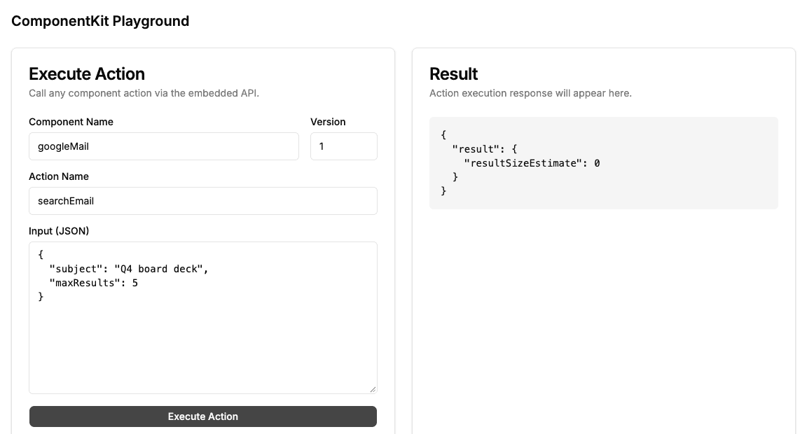 Sample app ComponentKit Playground running googleMail searchEmail with a JSON result of resultSizeEstimate 0