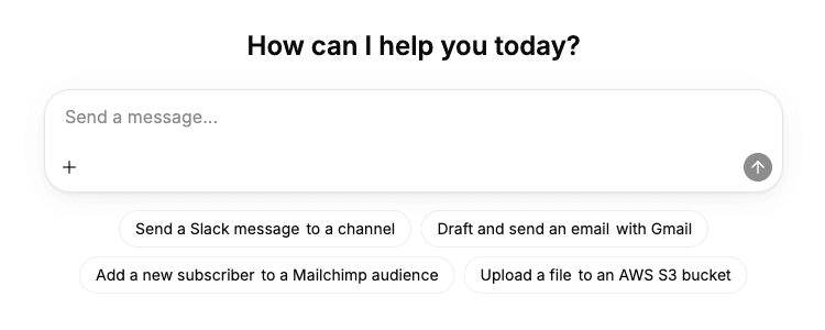 ComponentKit Chat welcome screen with a message box and four suggestion chips