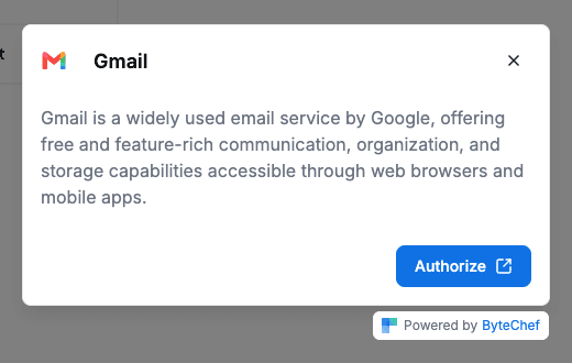 ConnectDialog for an unconnected Gmail integration with its description and an Authorize button