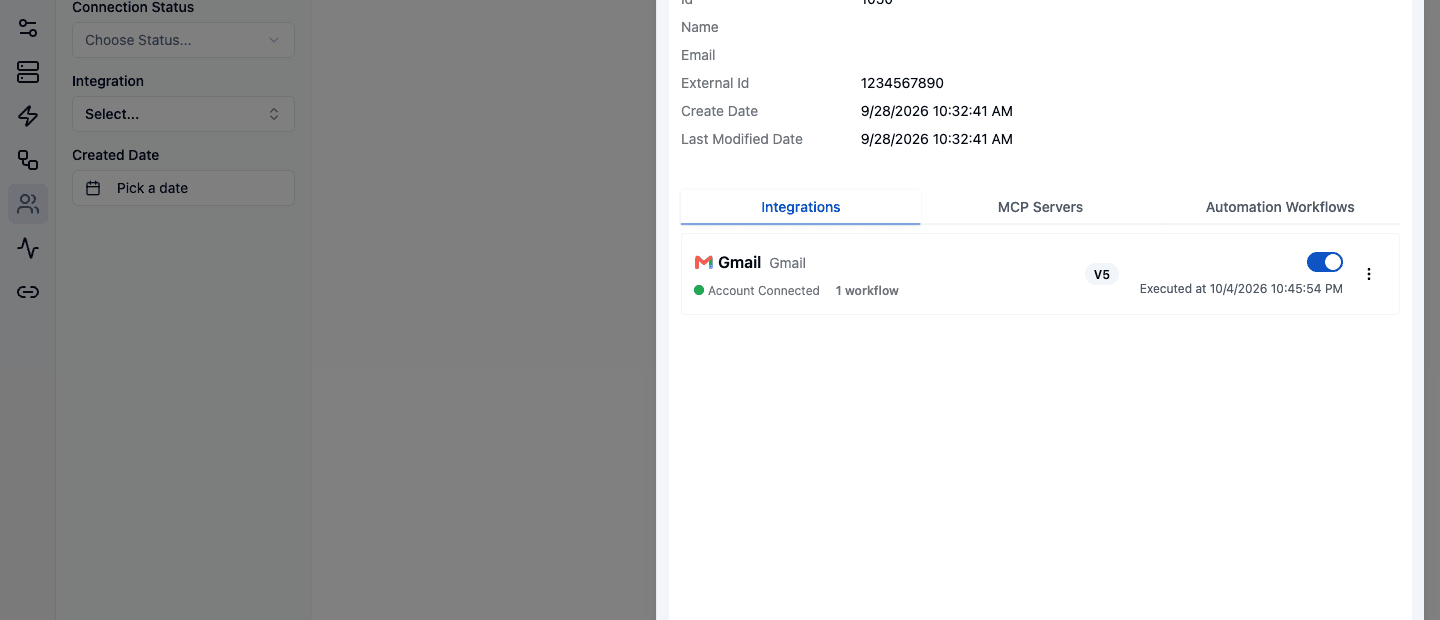 ByteChef Connected Users page with the sheet for external id 1234567890 open, showing its connected Gmail integration