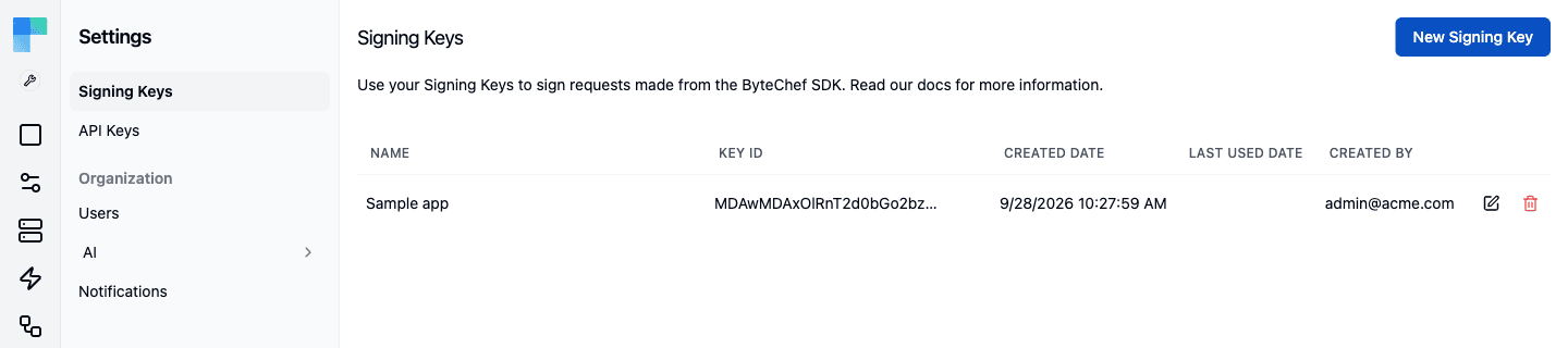ByteChef Embedded Settings, Signing Keys page with one key and its Key ID