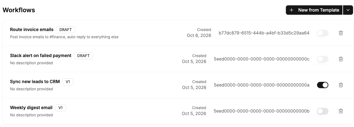 Sample app Workflows list with Route invoice emails at the top, marked DRAFT, with its enable toggle disabled