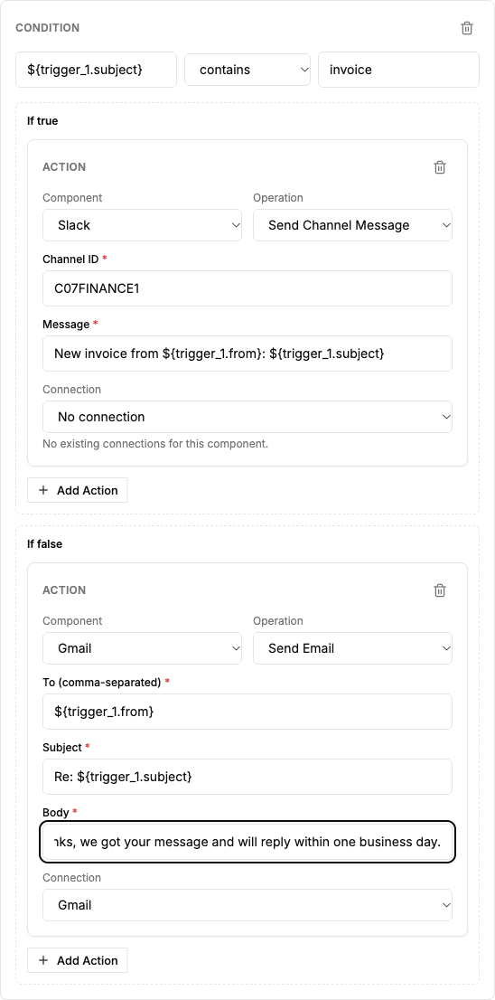 Condition card comparing ${trigger_1.subject} contains invoice, with a Slack Send Channel Message action under If true and a Gmail Send Email action under If false