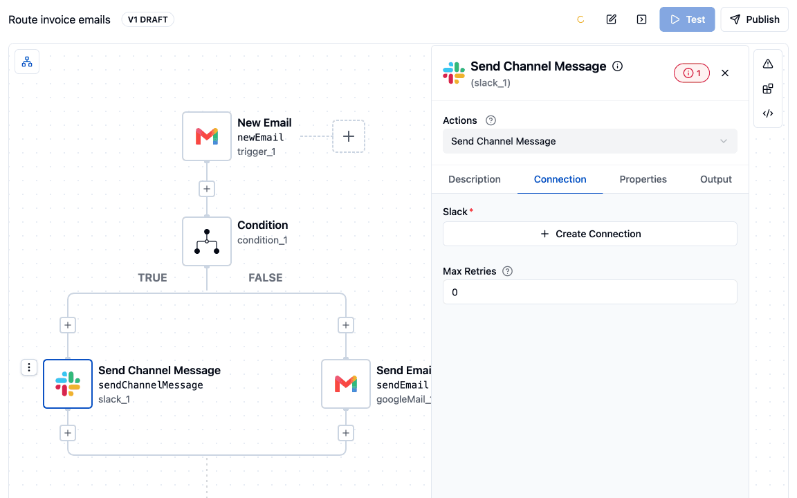 Send Channel Message node selected in ByteChef's editor, with a required Slack connection, a Create Connection button and one issue flagged