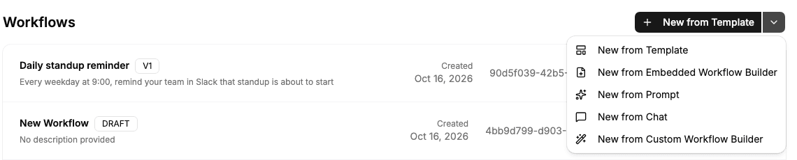 Sample app Workflows page with the create menu open, listing New from Template, New from Embedded Workflow Builder, New from Prompt, New from Chat and New from Custom Workflow Builder