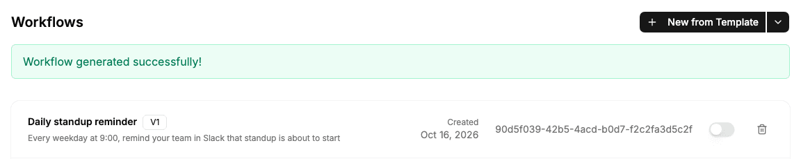Workflows page of the sample app with a green Workflow generated successfully! banner above the workflow list