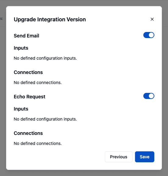 Upgrade Integration Version dialog with both the Send Email and Echo Request workflows switched on