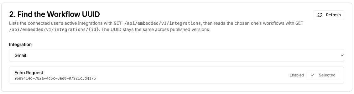 Find the Workflow UUID card with Gmail selected and the Echo Request workflow listed with its UUID and an Enabled badge