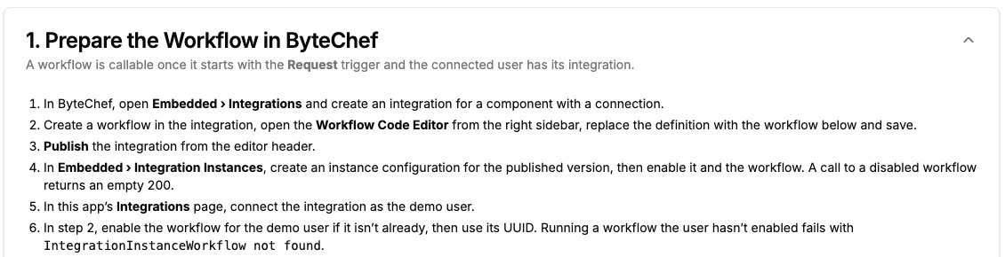 Sample app Request Playground showing its six-step Prepare the Workflow in ByteChef checklist