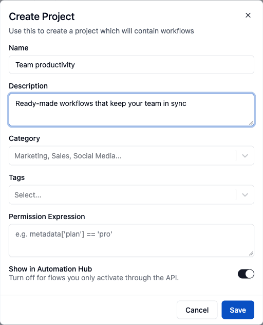 ByteChef Create Project dialog with Name Team productivity, a description, Category and Tags fields, an empty Permission Expression and the Show in Automation Hub switch turned on