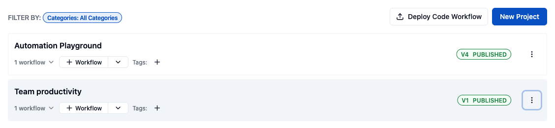 ByteChef Automation Workflows page listing two projects, Automation Playground at V4 PUBLISHED and Team productivity at V1 PUBLISHED, with Deploy Code Workflow and New Project buttons