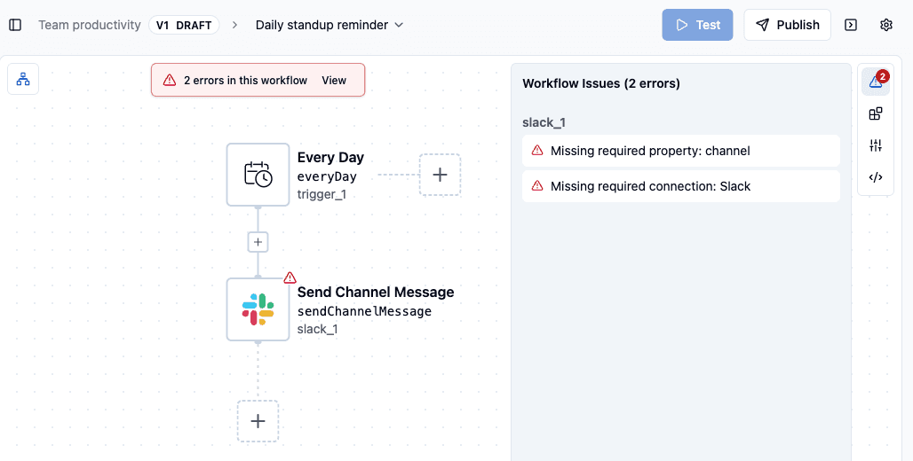 ByteChef editor showing the Every Day trigger and Send Channel Message step, with a Workflow Issues panel listing Missing required property: channel and Missing required connection: Slack