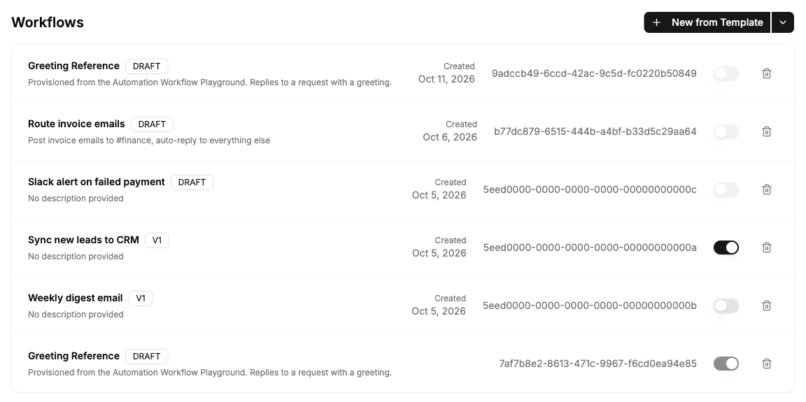 Sample app Workflows list with the copied Greeting Reference workflow at the top marked DRAFT and created Oct 11, 2026, and an older provisioned Greeting Reference reference at the bottom
