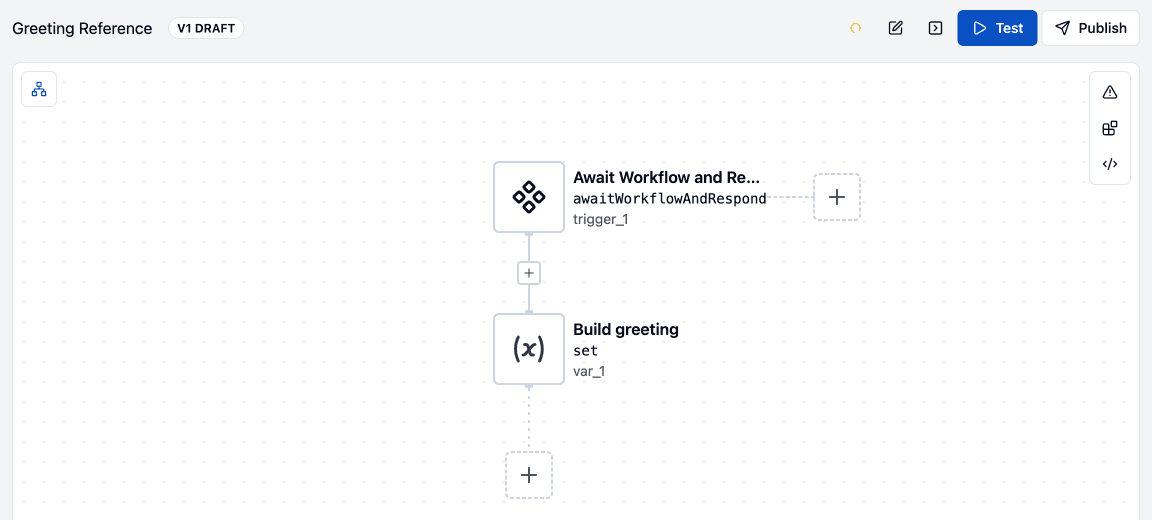 ByteChef's embedded workflow editor showing the copied Greeting Reference workflow, marked V1 DRAFT, with an Await Workflow and Respond trigger and a Build greeting variables step