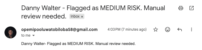 Medium risk level email sent to administrator