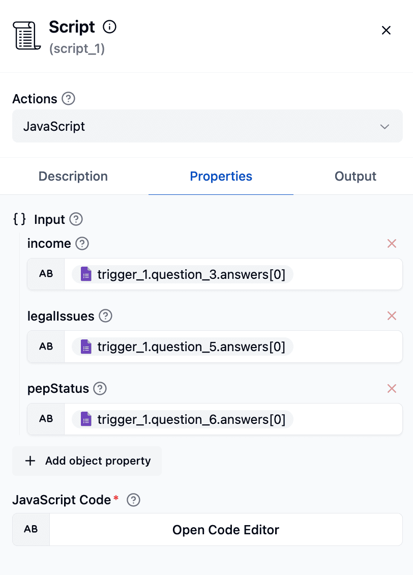 Script component configuration showing input parameters for risk calculation