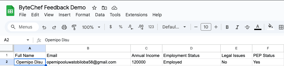 Google Sheets showing logged KYC application data