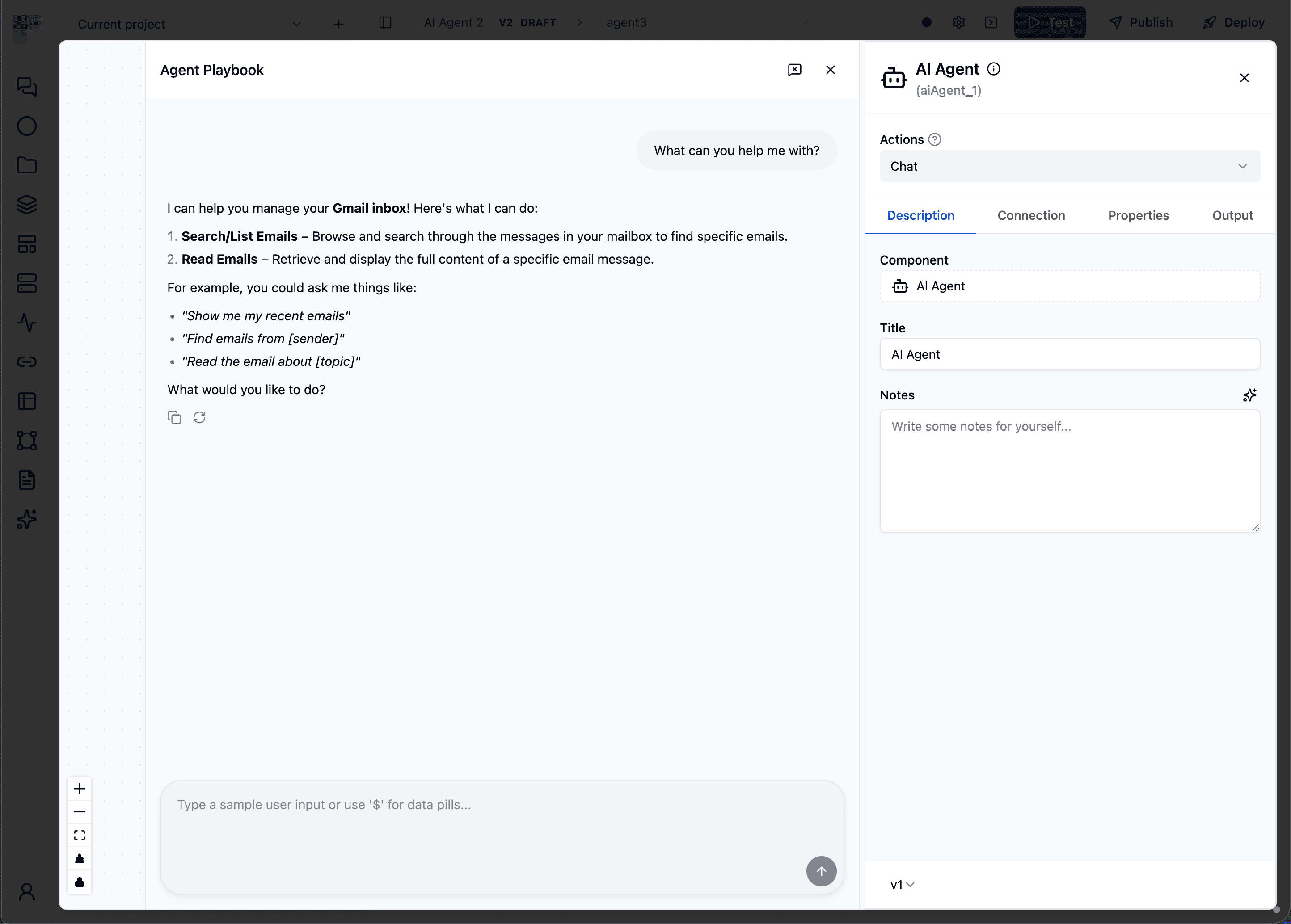 Testing the agent through a live chat in the Agent Playbook