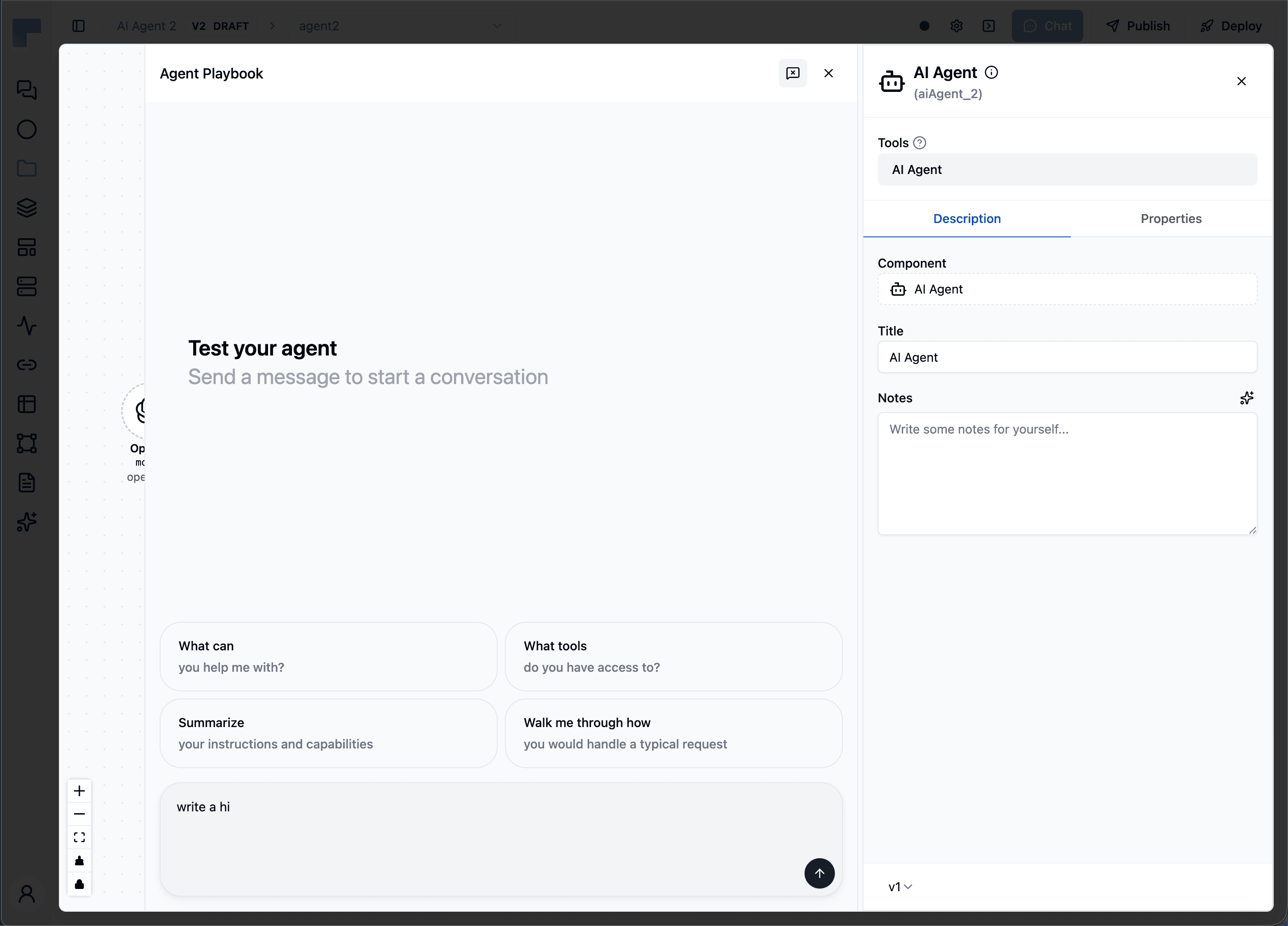 AI Agent editor split view with the Agent Playbook testing panel