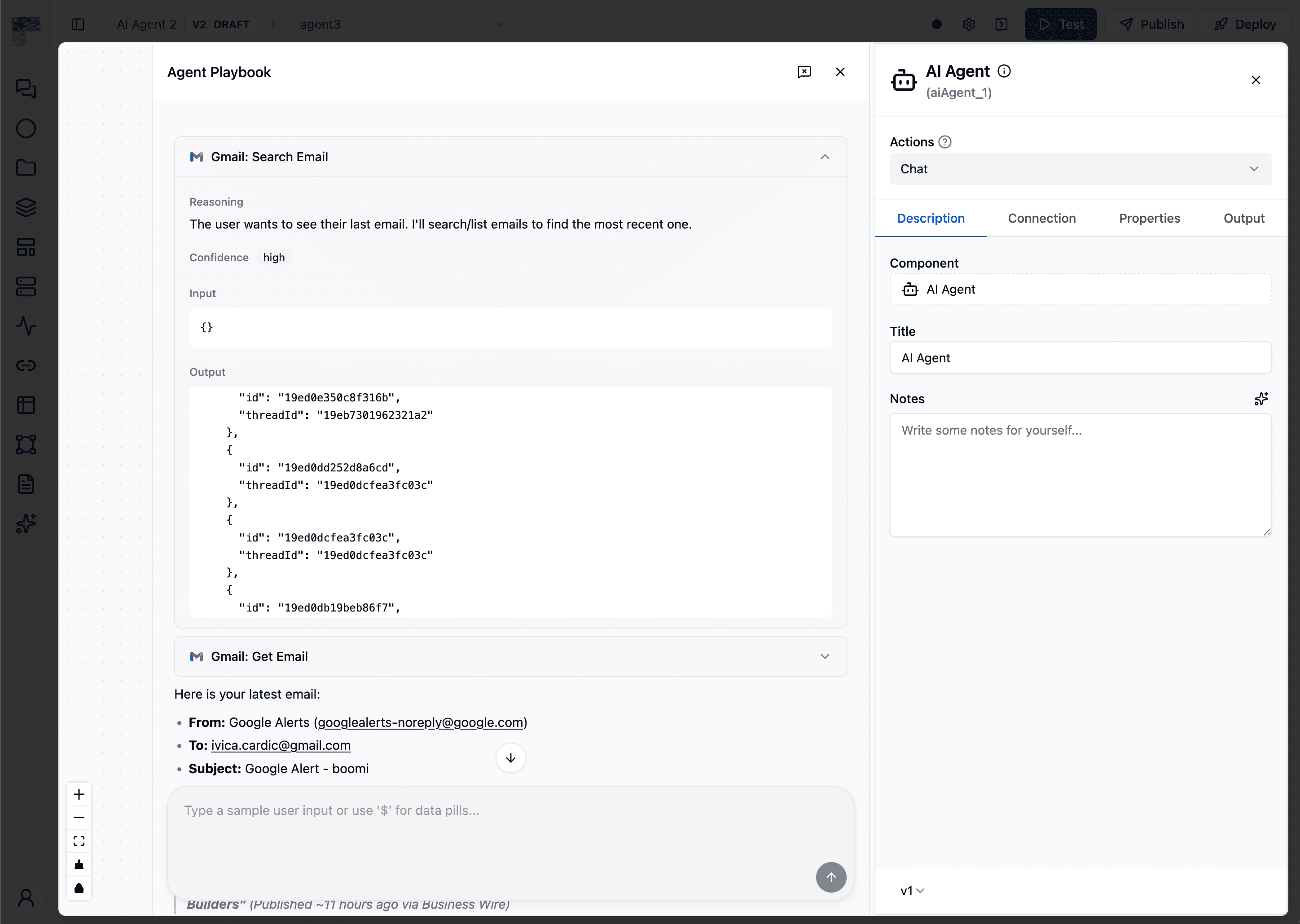 Expanded tool-call card revealing the agent's reasoning, inputs, and outputs