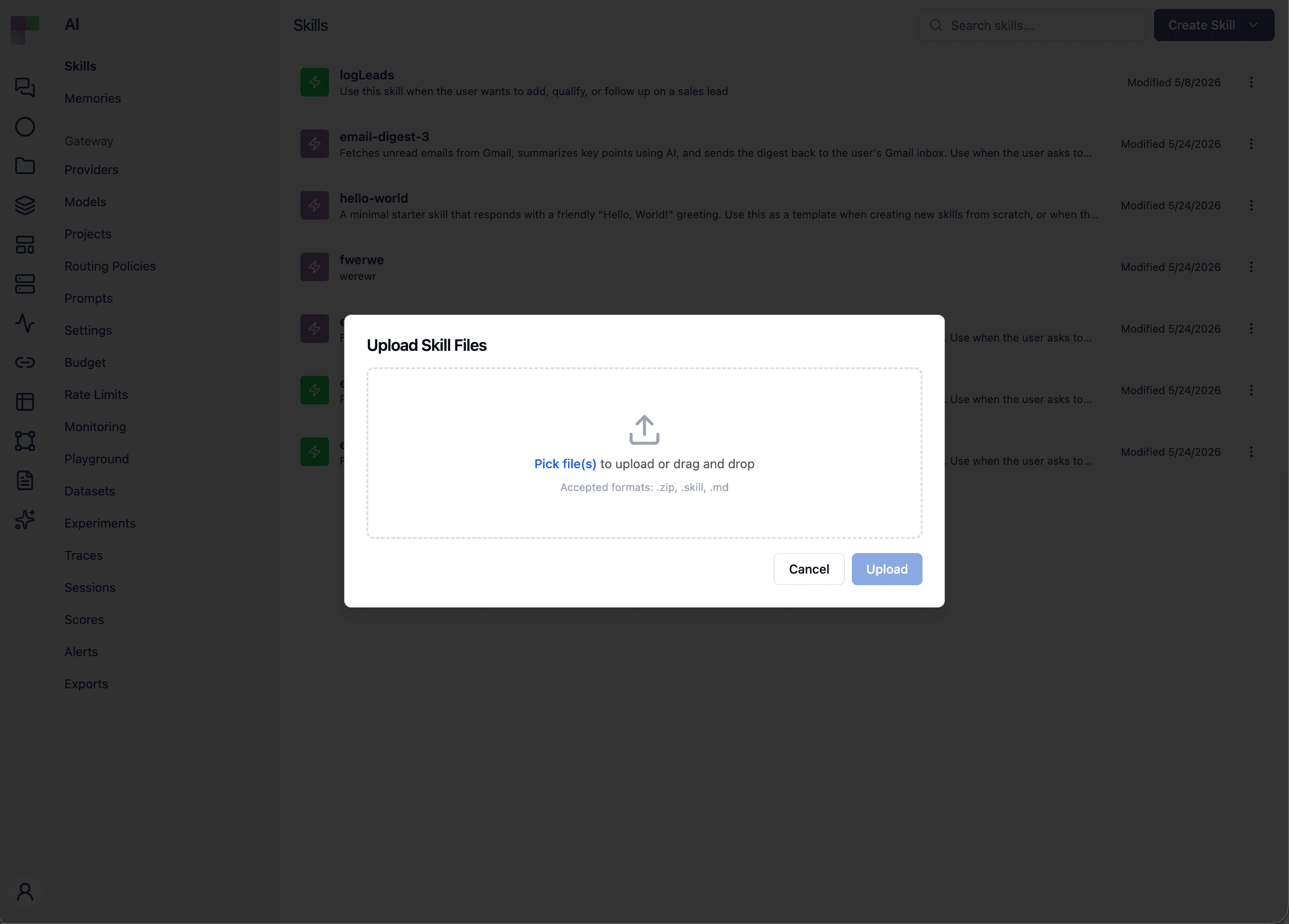 Creating a Skill in ByteChef — write instructions, upload a .skill file, or create with AI