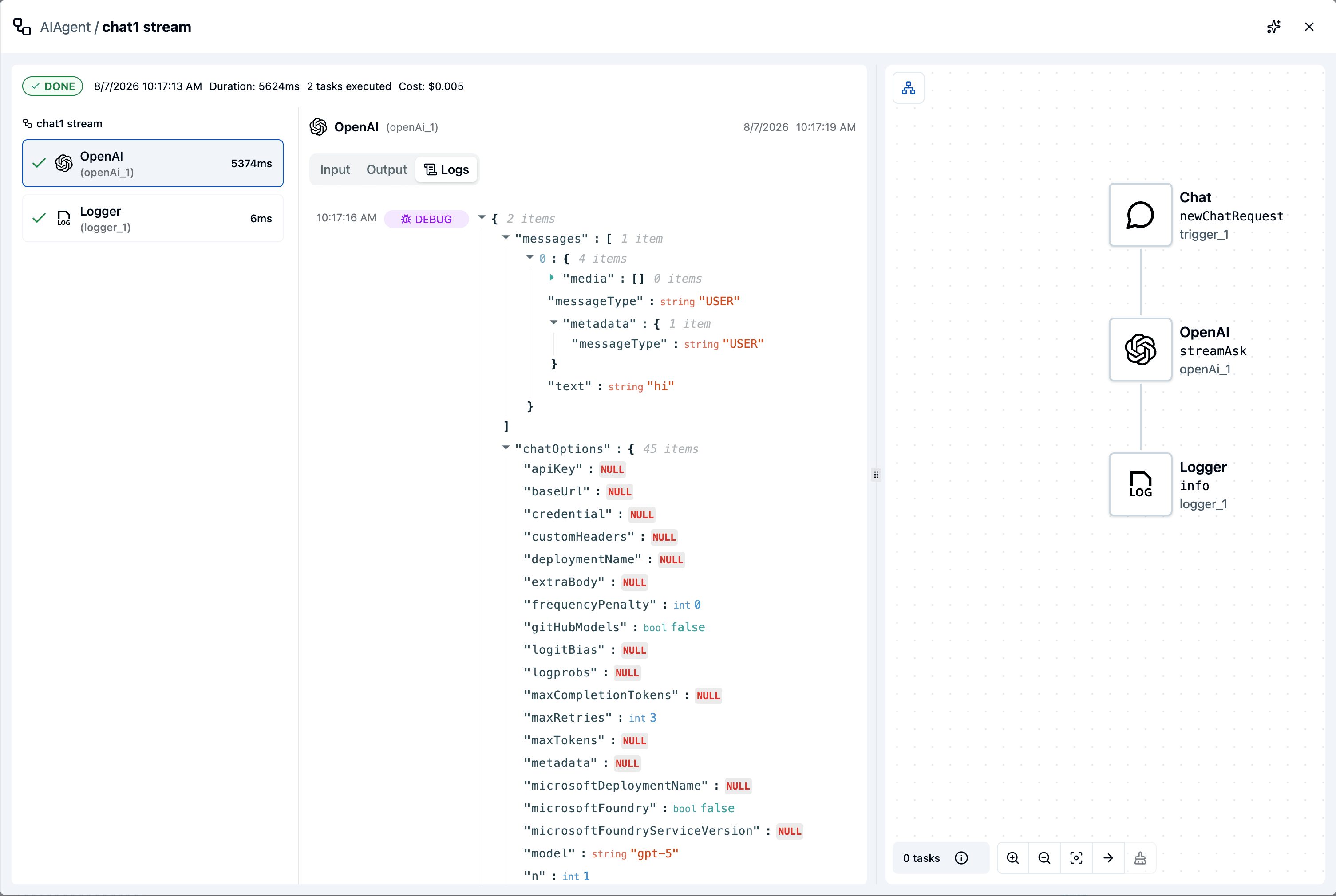 The Logs tab in the execution detail panel, showing a DEBUG entry from an OpenAI step rendered as an expandable JSON tree