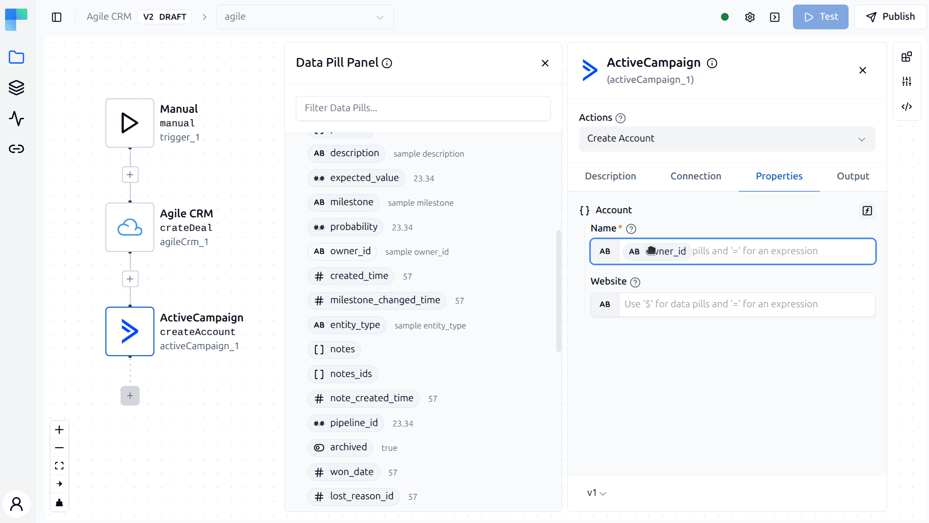 The Data Pill Panel in the ByteChef workflow builder, listing outputs from earlier steps
