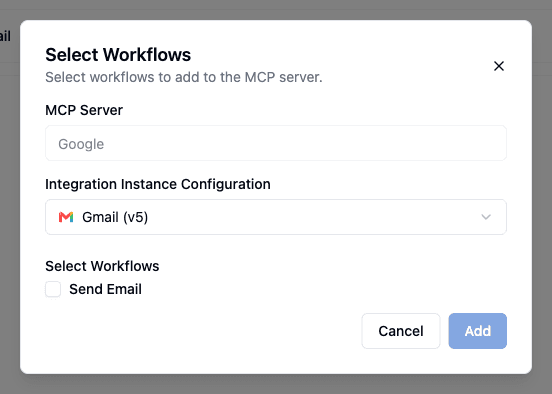 Select Workflows dialog with the Gmail configuration chosen and a Send Email workflow listed