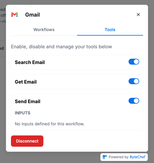Sample app ConnectDialog for Gmail on the Tools tab with Search Email, Get Email and Send Email switched on