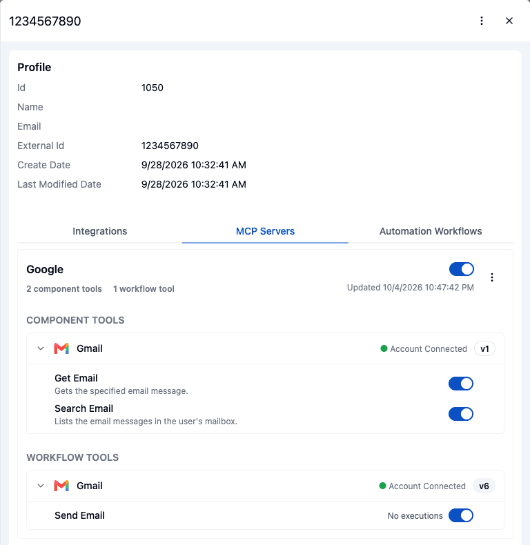 Connected user sheet on the MCP Servers tab with the Google server, Get Email and Search Email under Component Tools, and Send Email under Workflow Tools
