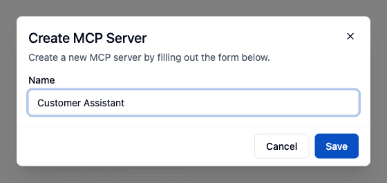 Create MCP Server dialog with the name field filled in